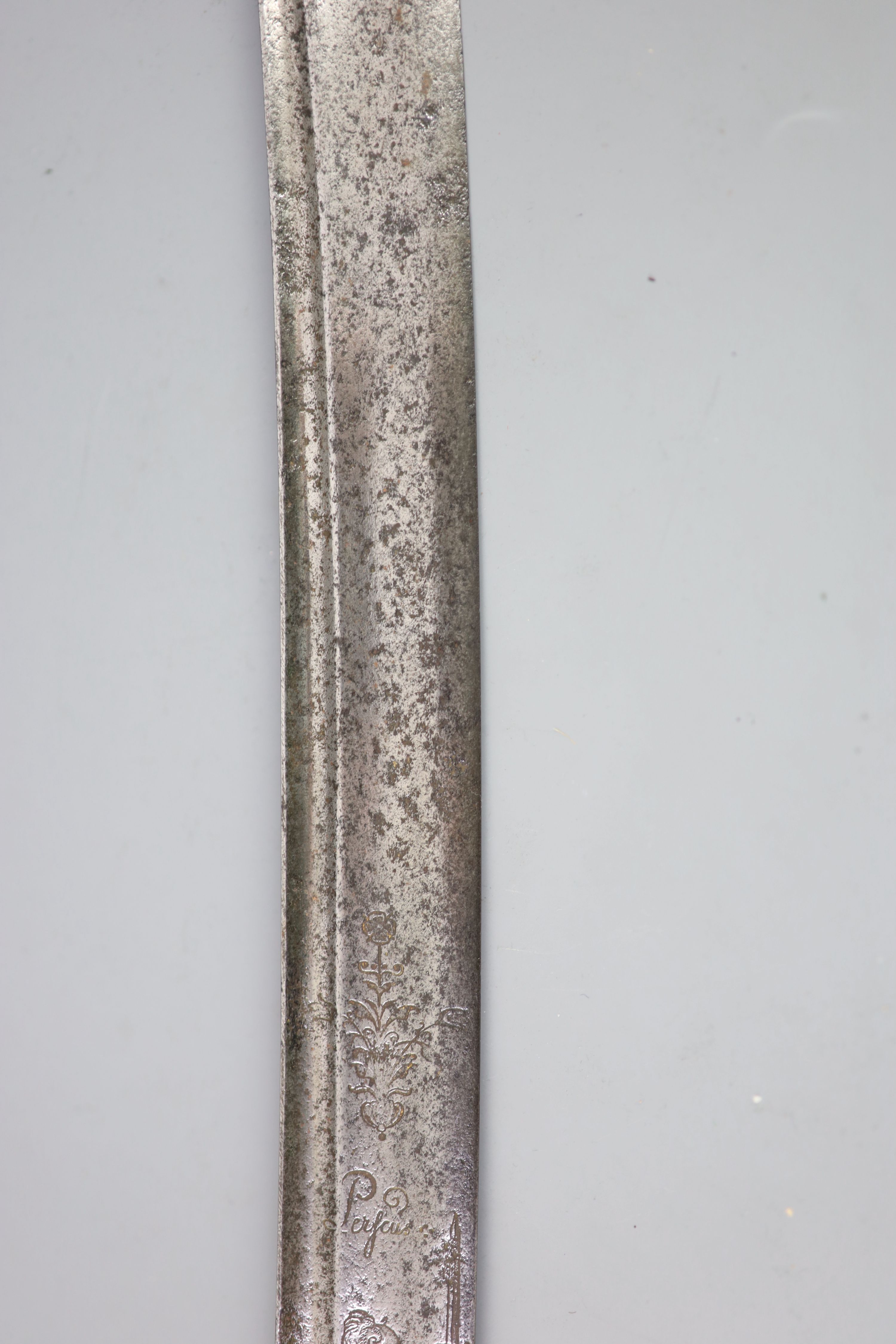 A late 17th century military hangar sword, length 34in.